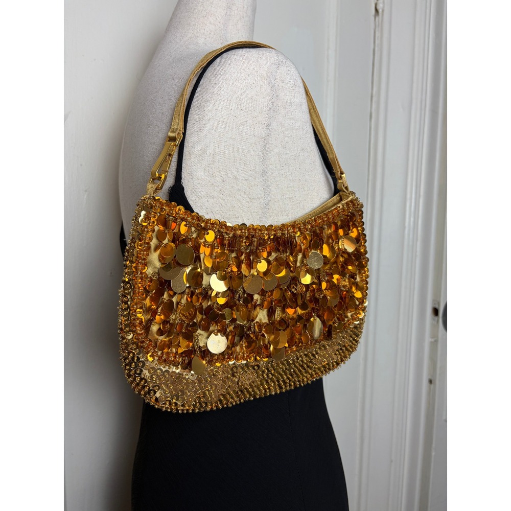 August Max Woman Gold Sequin Beaded Shoulder Bag Y2K Evening Bag Hobo Bag